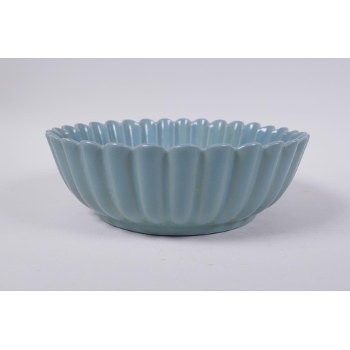 61 - A Chinese Ru ware style petal shaped porcelain bowl, 23cm diameter