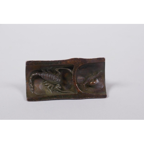 63 - A Japanese bronze okimono cicada on bamboo, signed to base, 6cm