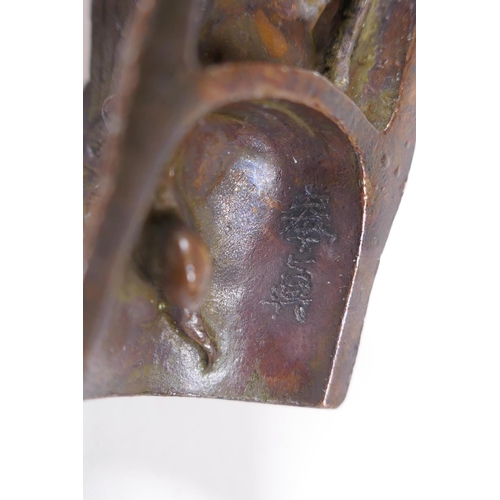 63 - A Japanese bronze okimono cicada on bamboo, signed to base, 6cm