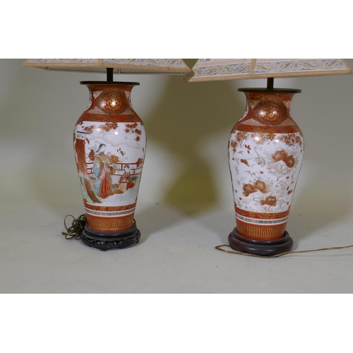 69 - A pair of Meiji Kutani vases converted to table lamps, 32cm high, 64cm with shades