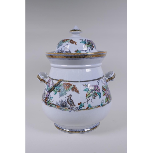 71 - A C19th Staffordshire porcelain two handled jar and cover with hand finished transfer decoration of ... 