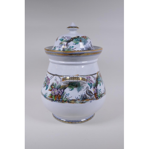 71 - A C19th Staffordshire porcelain two handled jar and cover with hand finished transfer decoration of ... 