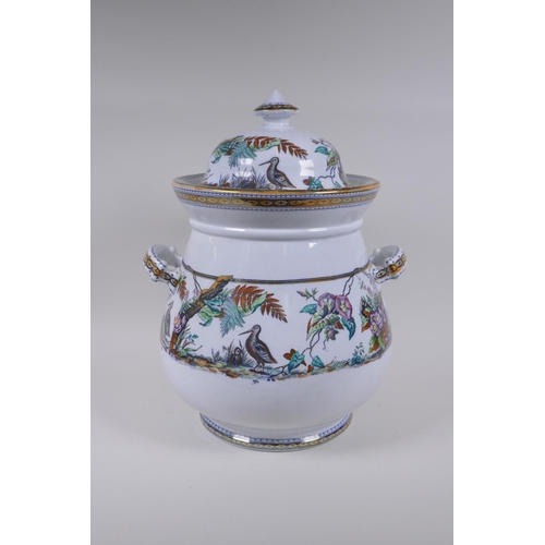 71 - A C19th Staffordshire porcelain two handled jar and cover with hand finished transfer decoration of ... 