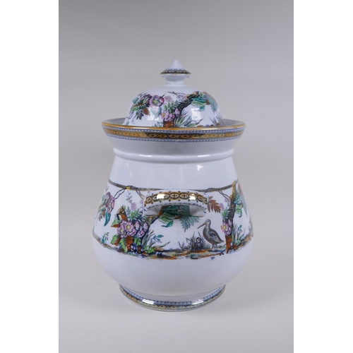 71 - A C19th Staffordshire porcelain two handled jar and cover with hand finished transfer decoration of ... 