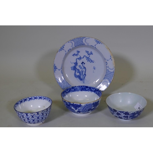 84 - An C18th/C19th pearlware bowl with blue and white transfer decoration of harebells, repairs to foot,... 