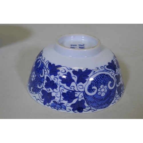 84 - An C18th/C19th pearlware bowl with blue and white transfer decoration of harebells, repairs to foot,... 