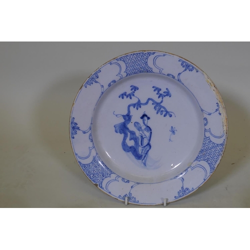 84 - An C18th/C19th pearlware bowl with blue and white transfer decoration of harebells, repairs to foot,... 