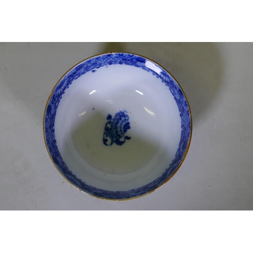 84 - An C18th/C19th pearlware bowl with blue and white transfer decoration of harebells, repairs to foot,... 