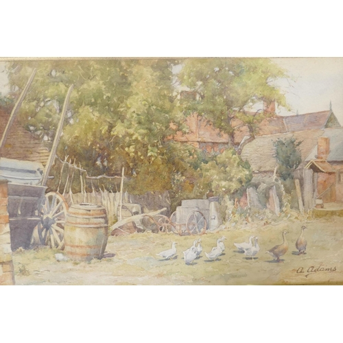 859 - A. Adams, farmyard scene with geese, watercolour, signed, 25 x 16cm