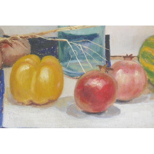 861 - Kenneth Bourne, pomegranates, signed, mid C20th, oil on board, 26 x 35cm