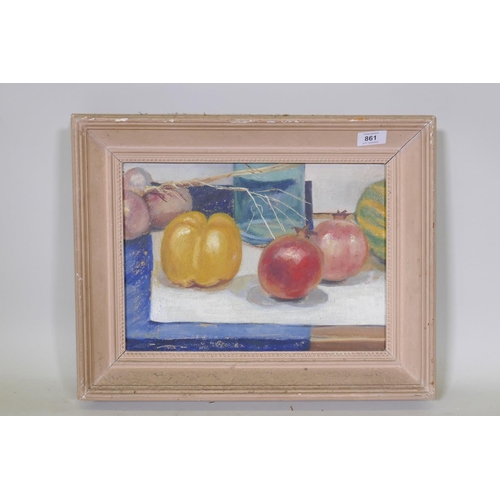 861 - Kenneth Bourne, pomegranates, signed, mid C20th, oil on board, 26 x 35cm