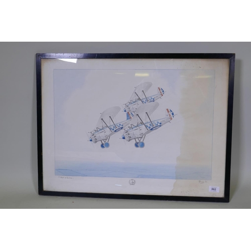 862 - Munro, 'C' Flight 19 Squadron, three British Bulldogs flying in formation, watercolour, signed Munro... 