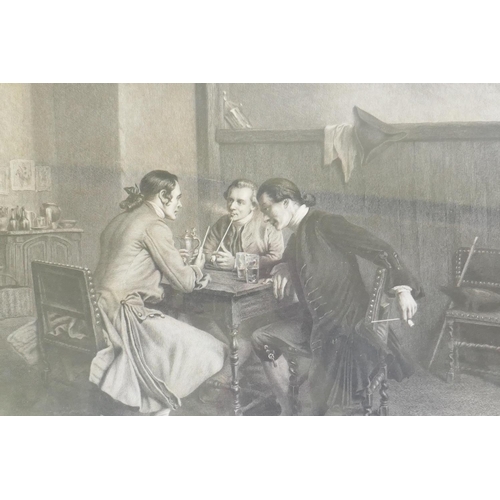 865 - Jules Jacquet, three men in a tavern, engraving, signed, published 1900 London by L.H. Lefevre, afte... 