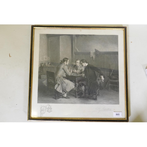 865 - Jules Jacquet, three men in a tavern, engraving, signed, published 1900 London by L.H. Lefevre, afte... 