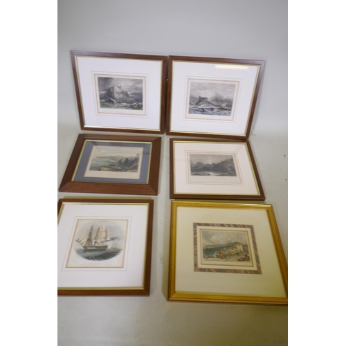 874 - Six C19th hand coloured engravings, Bamborough Castle, Robin Hood's Bay, continental scenes and stea... 