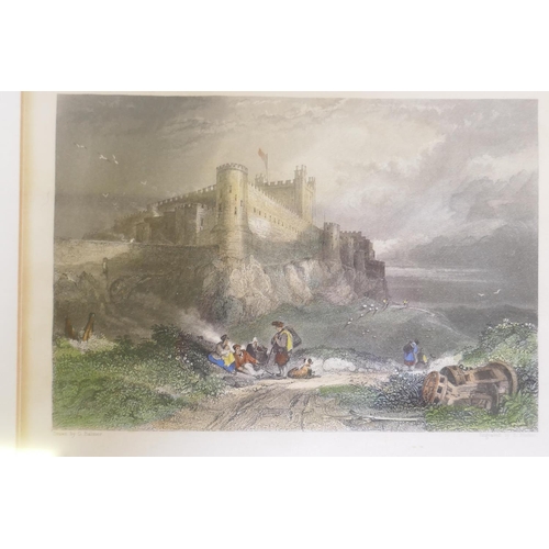 874 - Six C19th hand coloured engravings, Bamborough Castle, Robin Hood's Bay, continental scenes and stea... 