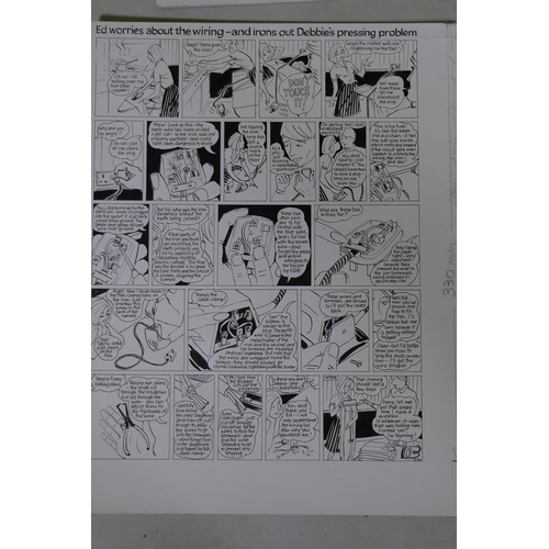 882 - A graphic design layout board, pen and ink on b0ard, 56 x 42cm, three others and a cartoon signed Va... 