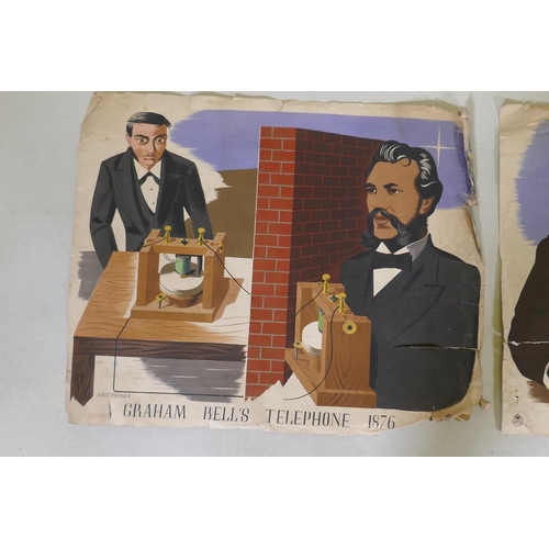 883 - Eric Fraser, Graham Bell's Telephone, 1876, 50 x 64cm, and another similar, both AF