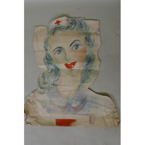 884 - Portrait of a female nurse, c.1940, unsigned, watercolour, and another, study of a medic, 67 x 75cm