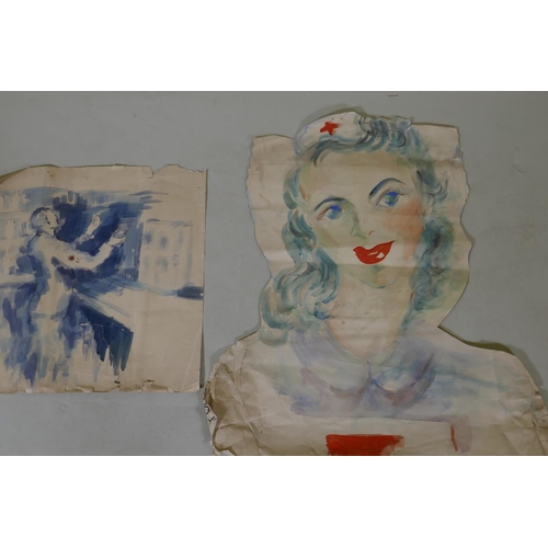 884 - Portrait of a female nurse, c.1940, unsigned, watercolour, and another, study of a medic, 67 x 75cm