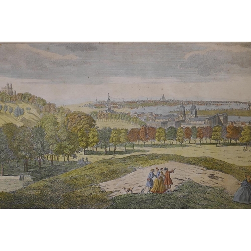 885 - An C18th hand coloured engraving, View of London from Greenwich Park, and an ink and wash, Oxford Ec... 