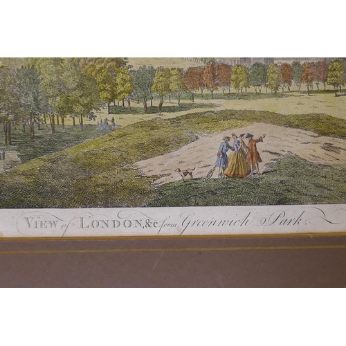 885 - An C18th hand coloured engraving, View of London from Greenwich Park, and an ink and wash, Oxford Ec... 