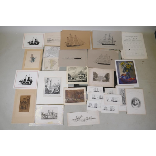 887 - A quantity of engravings, etchings, lithoprints, ink sketches etc, including shipping, animals and m... 