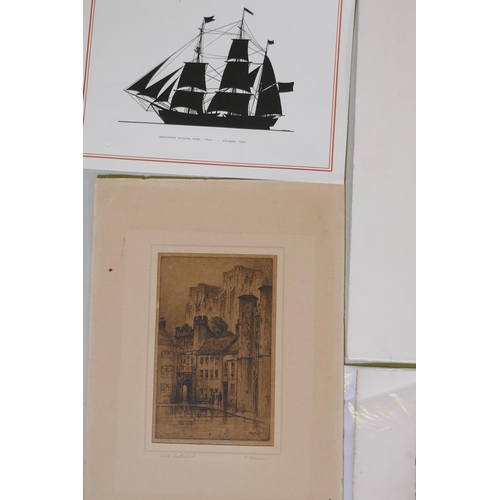 887 - A quantity of engravings, etchings, lithoprints, ink sketches etc, including shipping, animals and m... 