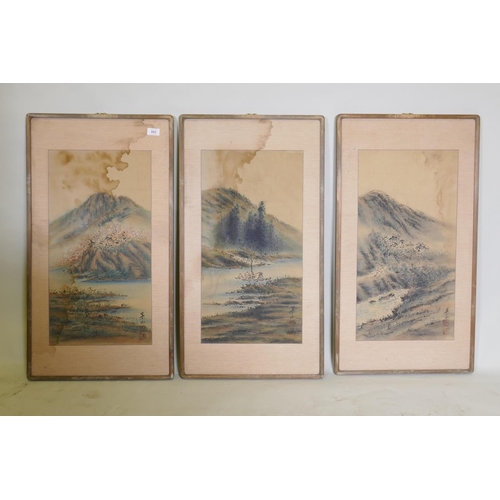 901 - Three vintage Chinese paintings on silk, depicting mountainous landscapes, inscribed and marked with... 