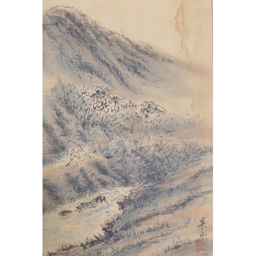 901 - Three vintage Chinese paintings on silk, depicting mountainous landscapes, inscribed and marked with... 