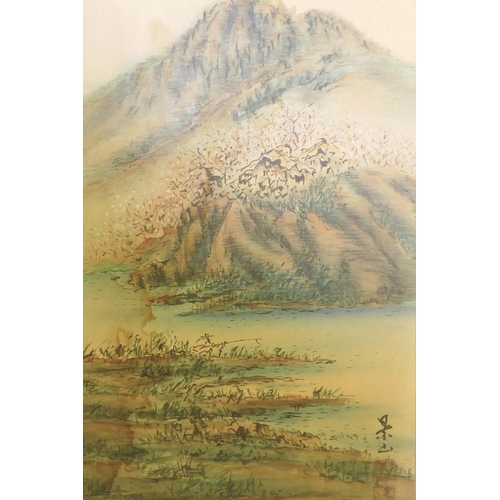 901 - Three vintage Chinese paintings on silk, depicting mountainous landscapes, inscribed and marked with... 