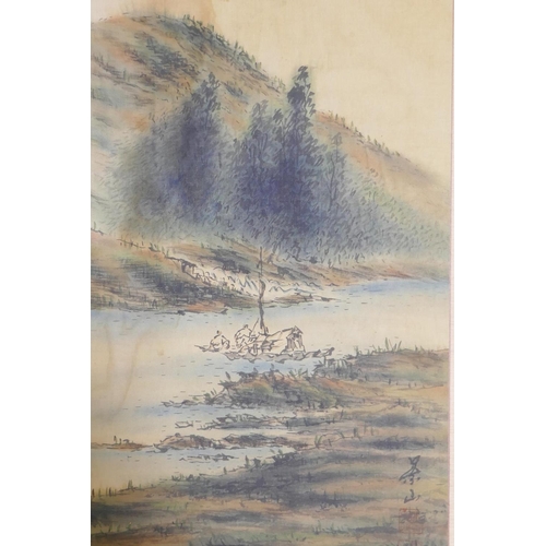 901 - Three vintage Chinese paintings on silk, depicting mountainous landscapes, inscribed and marked with... 