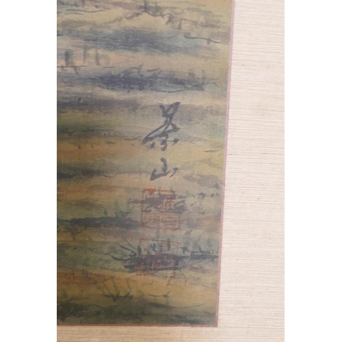 901 - Three vintage Chinese paintings on silk, depicting mountainous landscapes, inscribed and marked with... 