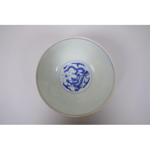 93 - A Chinese blue and white porcelain bowl with dragon decoration, Chenghua 6 character mark to base, 1... 