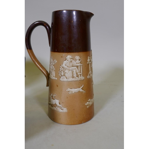 96 - A Royal Doulton stoneware jug, AF, a hunting jug and tyg, and another, largest 22cm high