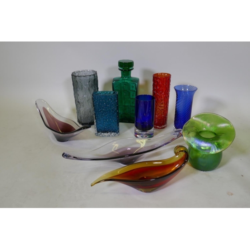 99 - A collection of vintage studio glass in the manner of Whitefriars, including Dartington, pewter tree... 