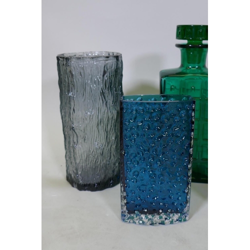 99 - A collection of vintage studio glass in the manner of Whitefriars, including Dartington, pewter tree... 