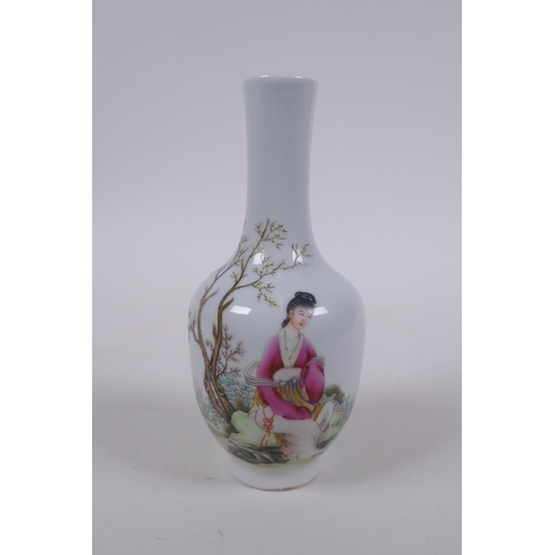 301 - A Chinese Republic porcelain vase with polychrome decoration of a woman and child in a landscape, re... 