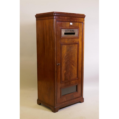 1025 - A Victorian figured mahogany letter box, the single door with a brass letter slot and fielded panel,... 