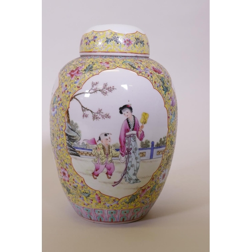 103 - A Chinese famille jaune jar and cover, painted with a girl and boy in a garden, red seal mark to bas... 