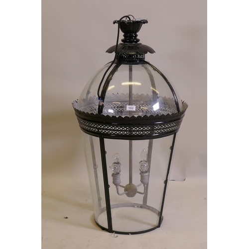 1032 - A painted metal and glass pendant lantern, 100cm drop