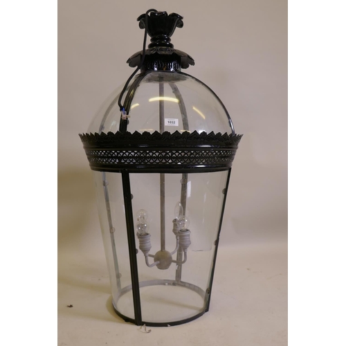 1032 - A painted metal and glass pendant lantern, 100cm drop