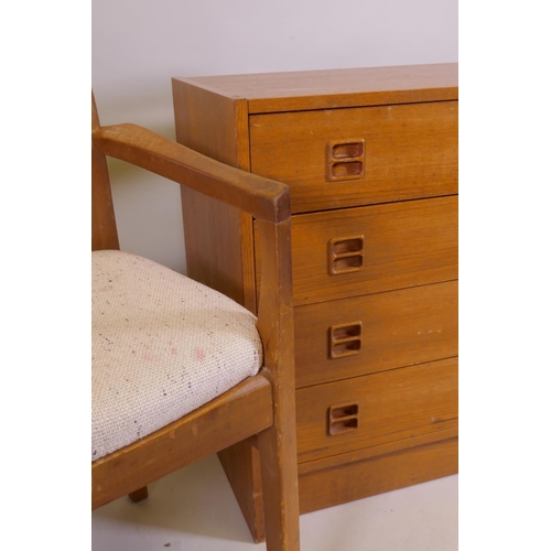 1033 - A mid century Danish teak chest of four long drawers with moulded cup handles, 87 x 40 x 66cm, and a... 