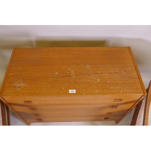 1033 - A mid century Danish teak chest of four long drawers with moulded cup handles, 87 x 40 x 66cm, and a... 