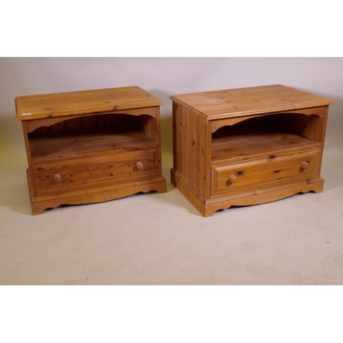 1043 - A pair of pine bedside chests with open shelf over single drawer, 71 x 46 x 50cm