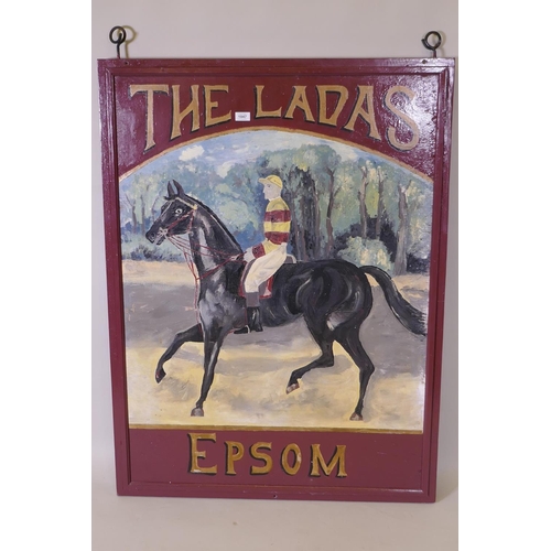 1047 - A vintage hand painted pub sign for 'The Ladas' of Epsom, 92 x 123cm