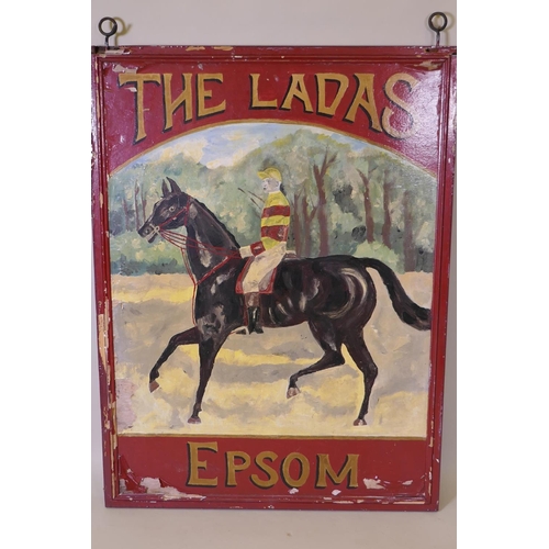 1047 - A vintage hand painted pub sign for 'The Ladas' of Epsom, 92 x 123cm