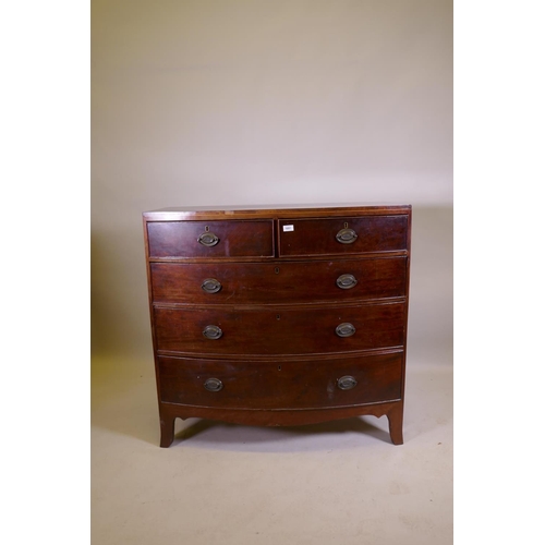 1051 - George III mahogany bowfront chest of two over three drawers with cockbeeded detail and brass plate ... 