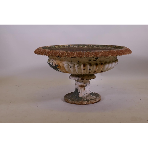 1057 - A Victorian painted cast iron campagna garden urn, 70cm diameter, 43cm high