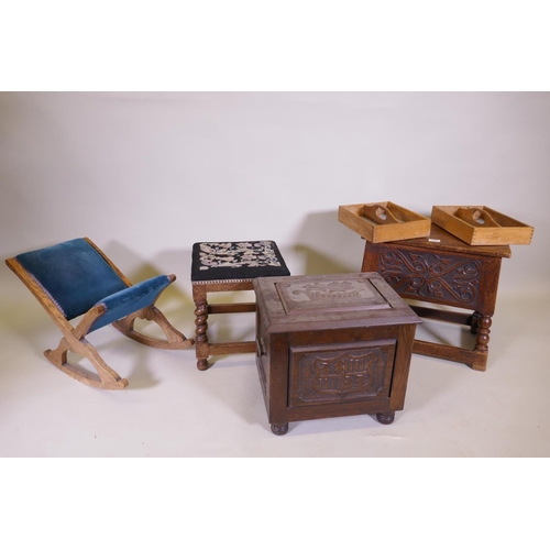 1069 - A carved oak box stool, coal box, gout stool, and oak stool with tapestry seat, raised on barleytwis... 